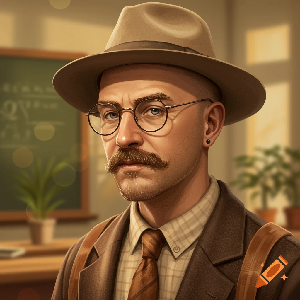A portrait of a bald man with a mustache, wearing a hat and glasses.