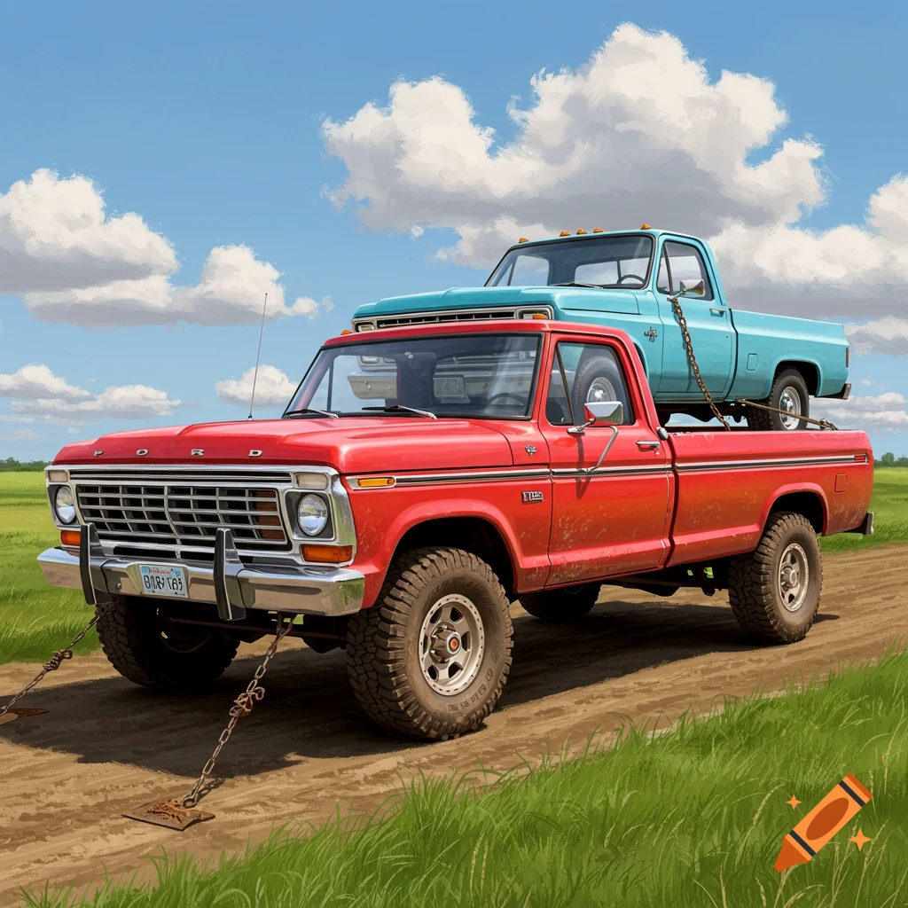 A red Ford pickup truck is carrying a light blue Chevy pickup truck on its bed in a field.