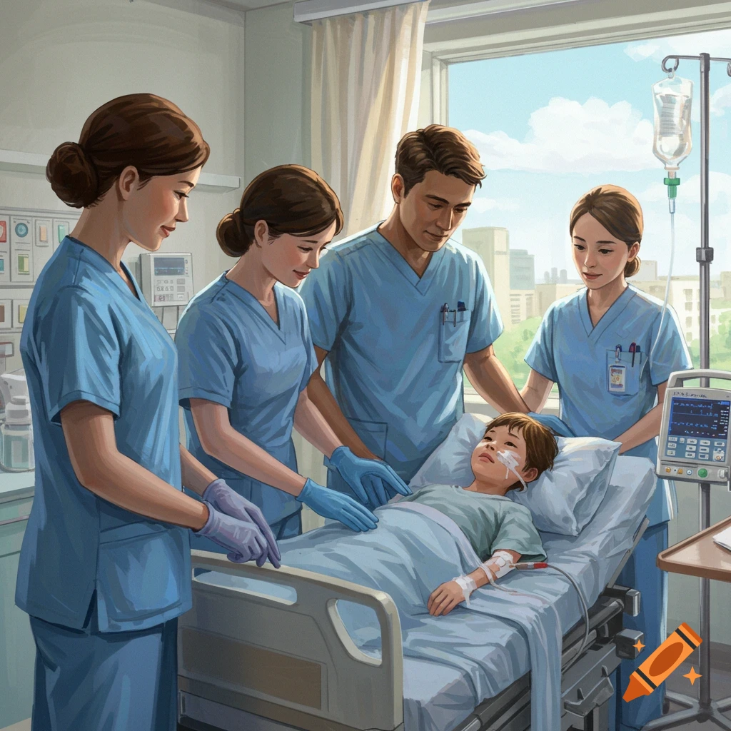 Nurses surrounding a child patient in a hospital bed with medical equipment.