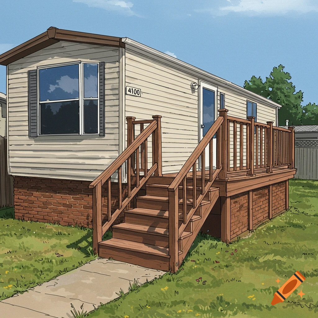 A mobile home with a wooden deck and stairs, brick skirting, and a small front yard.