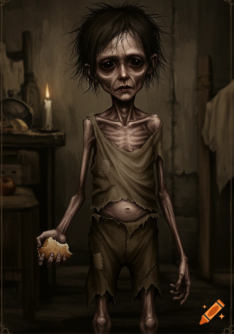 A severely malnourished child holding bread in a dark room.
