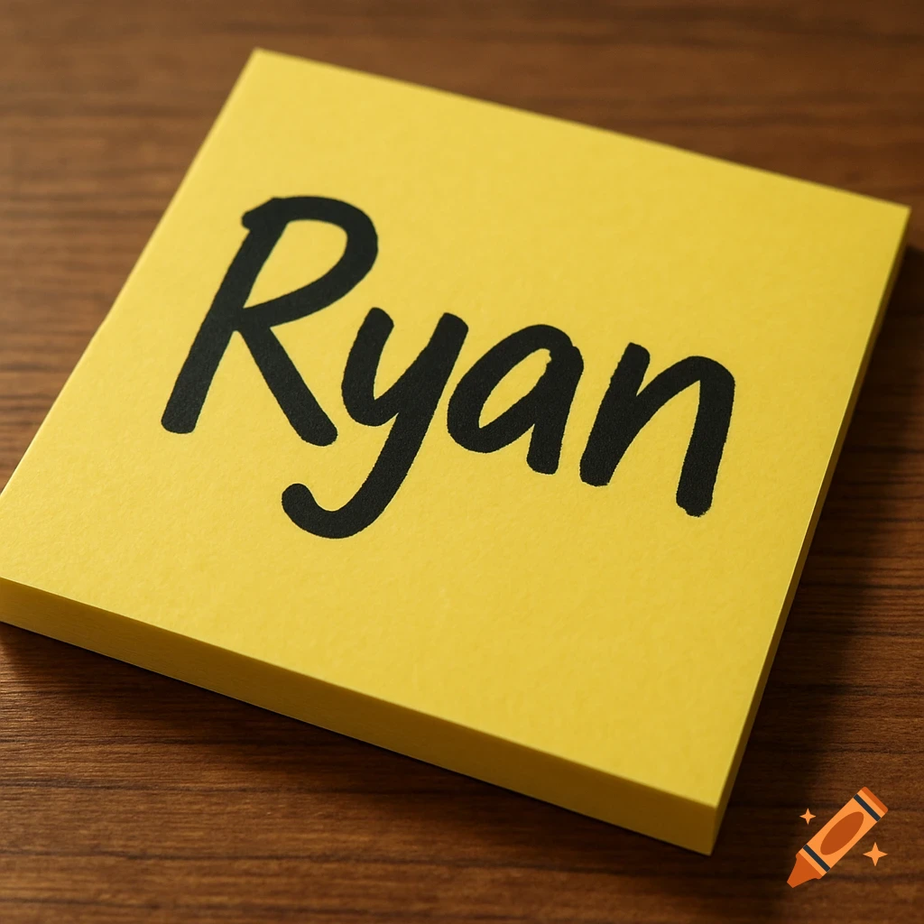 A yellow Post-It note with the name Ryan written on it, on a wooden surface
