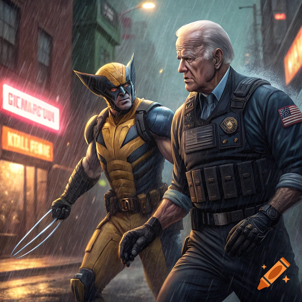 Wolverine and Joe Biden in tactical gear walk through a rainy city street.