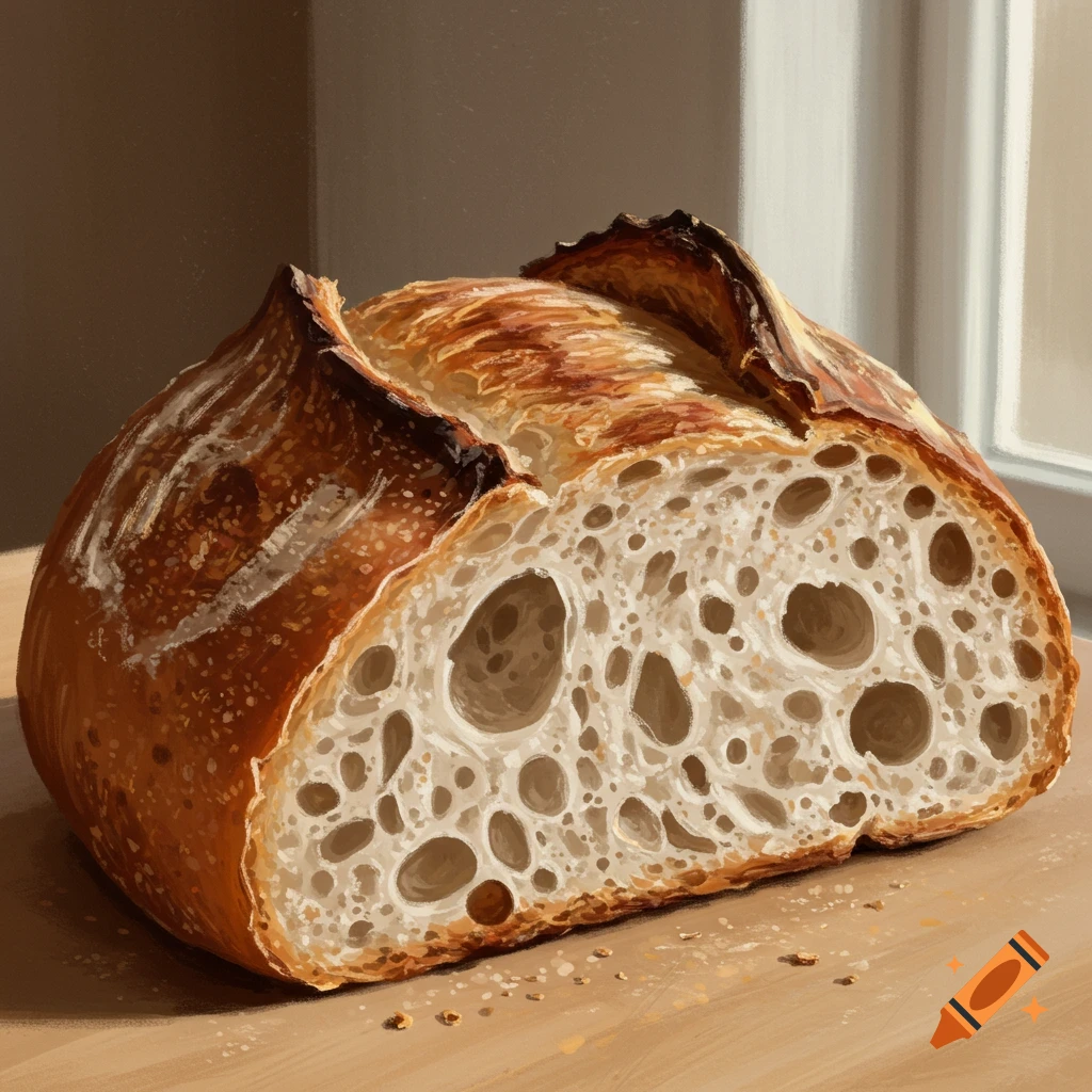 A cross-section of a loaf of sourdough bread on a table