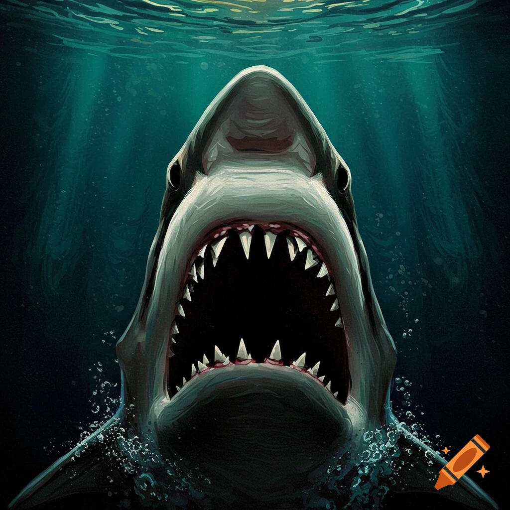 A great white shark underwater with mouth open.