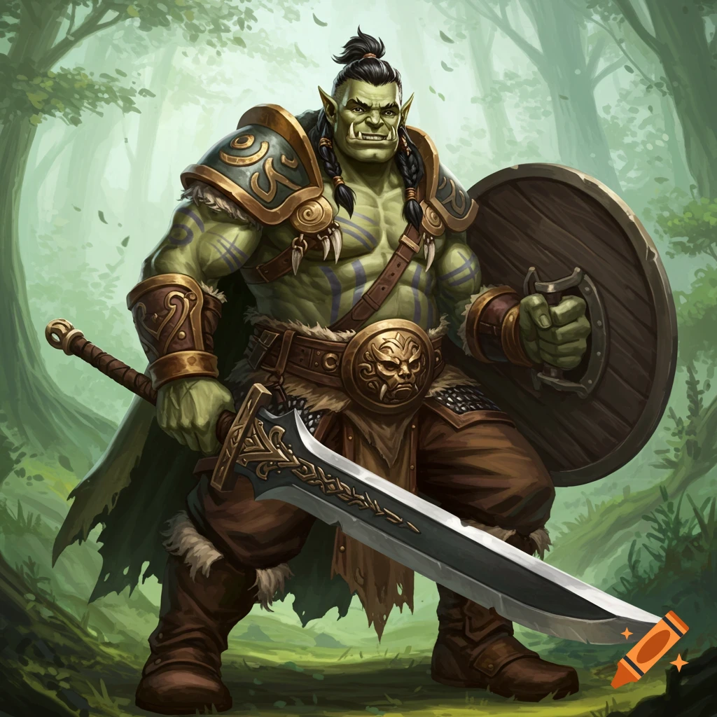 A male orc fighter stands in a forest, holding a sword and shield.