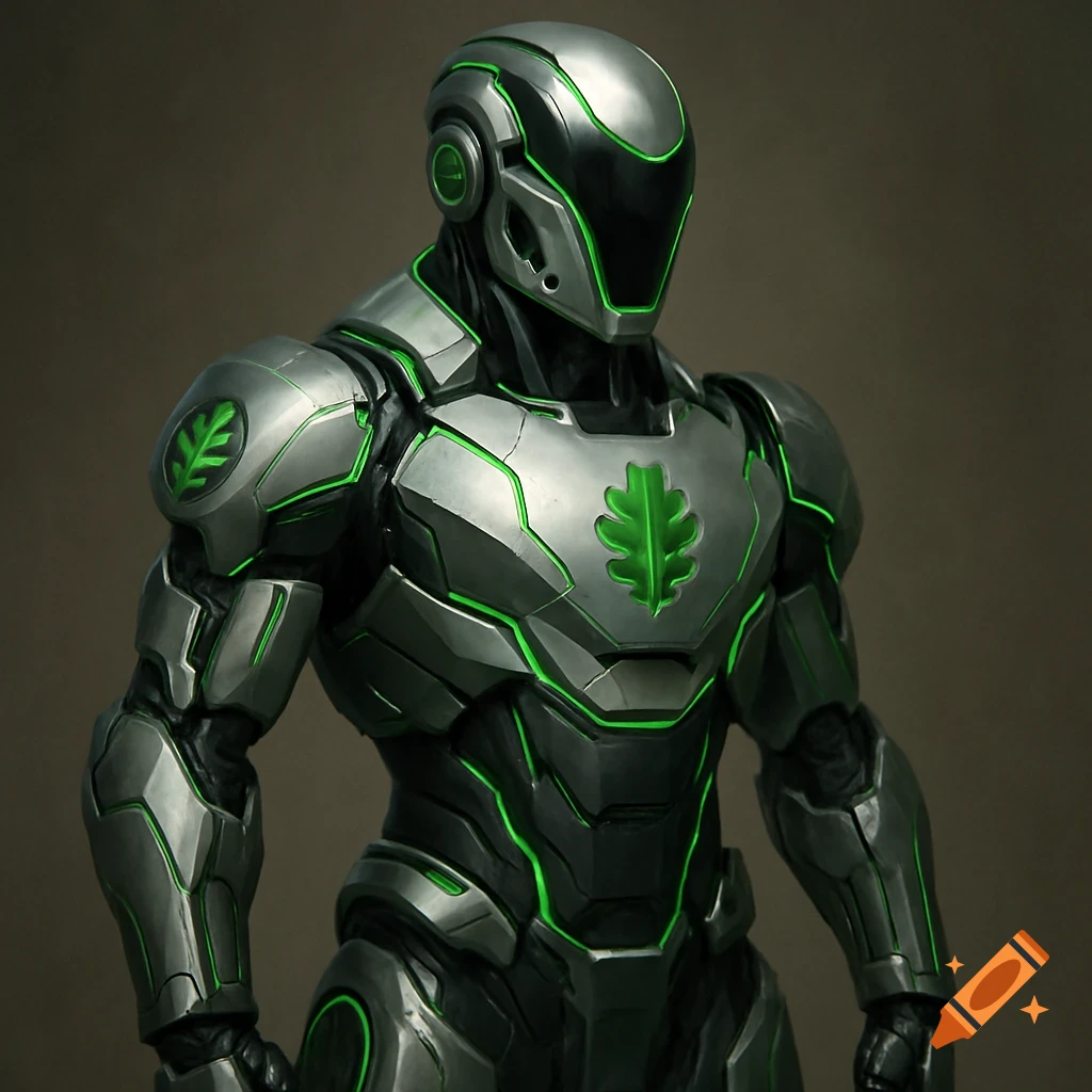 A detailed close-up of a silver and black futuristic robot with glowing green trim and an oak leaf symbol on its chest and shoulder.