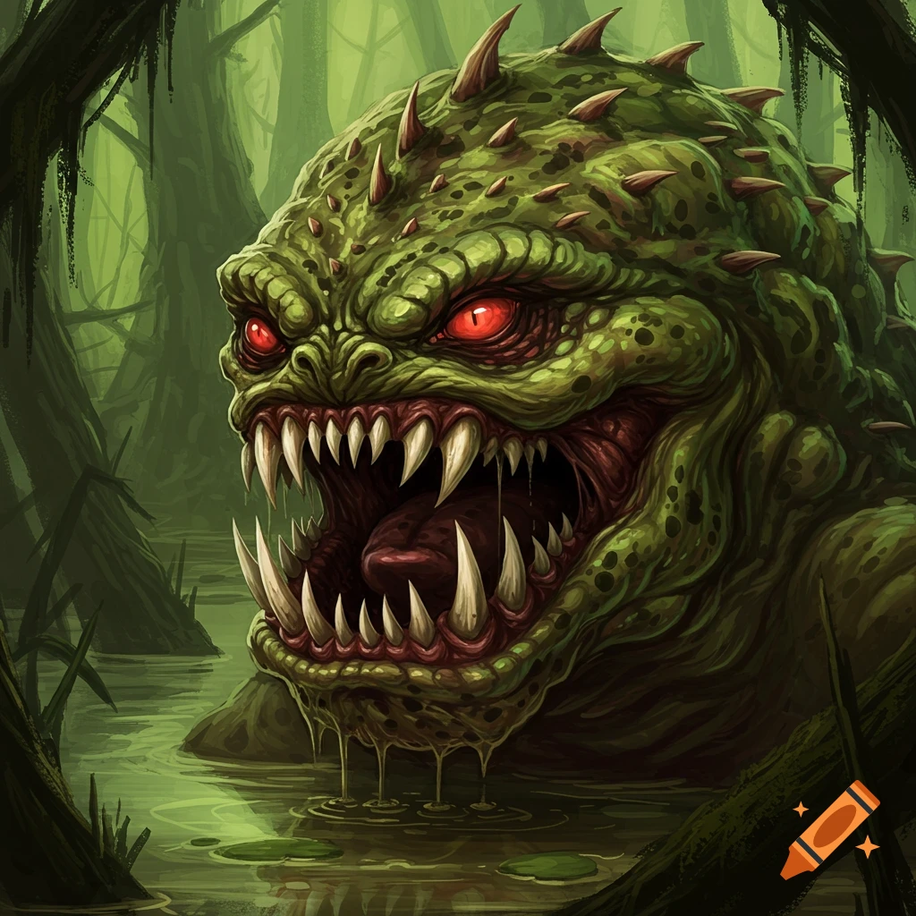 A large green swamp monster with red eyes and sharp teeth emerging from a swamp.