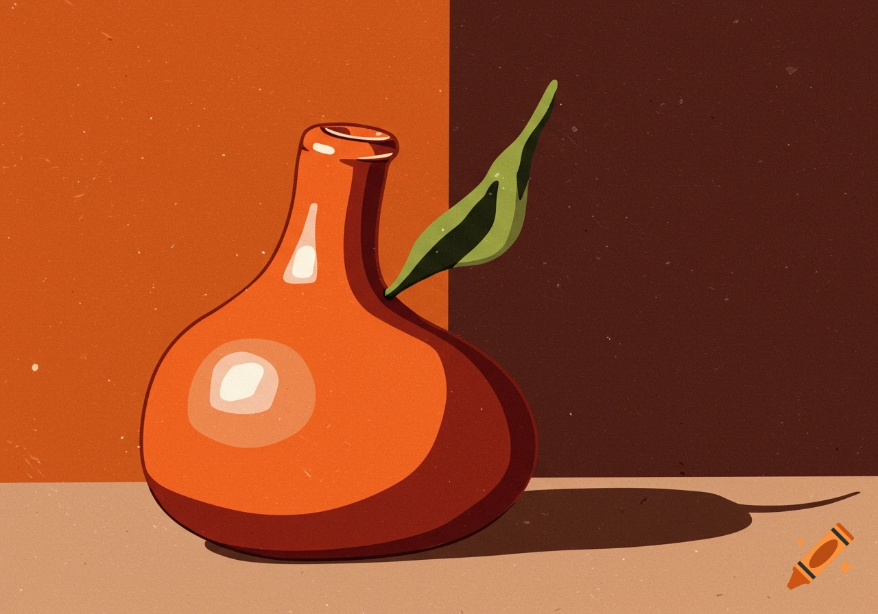 A minimalist image of an orange bottle with a green leaf on a table.