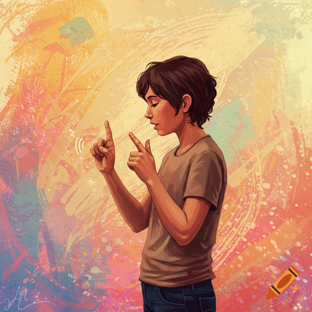 A person is gesturing with their hands against a colorful abstract background.
