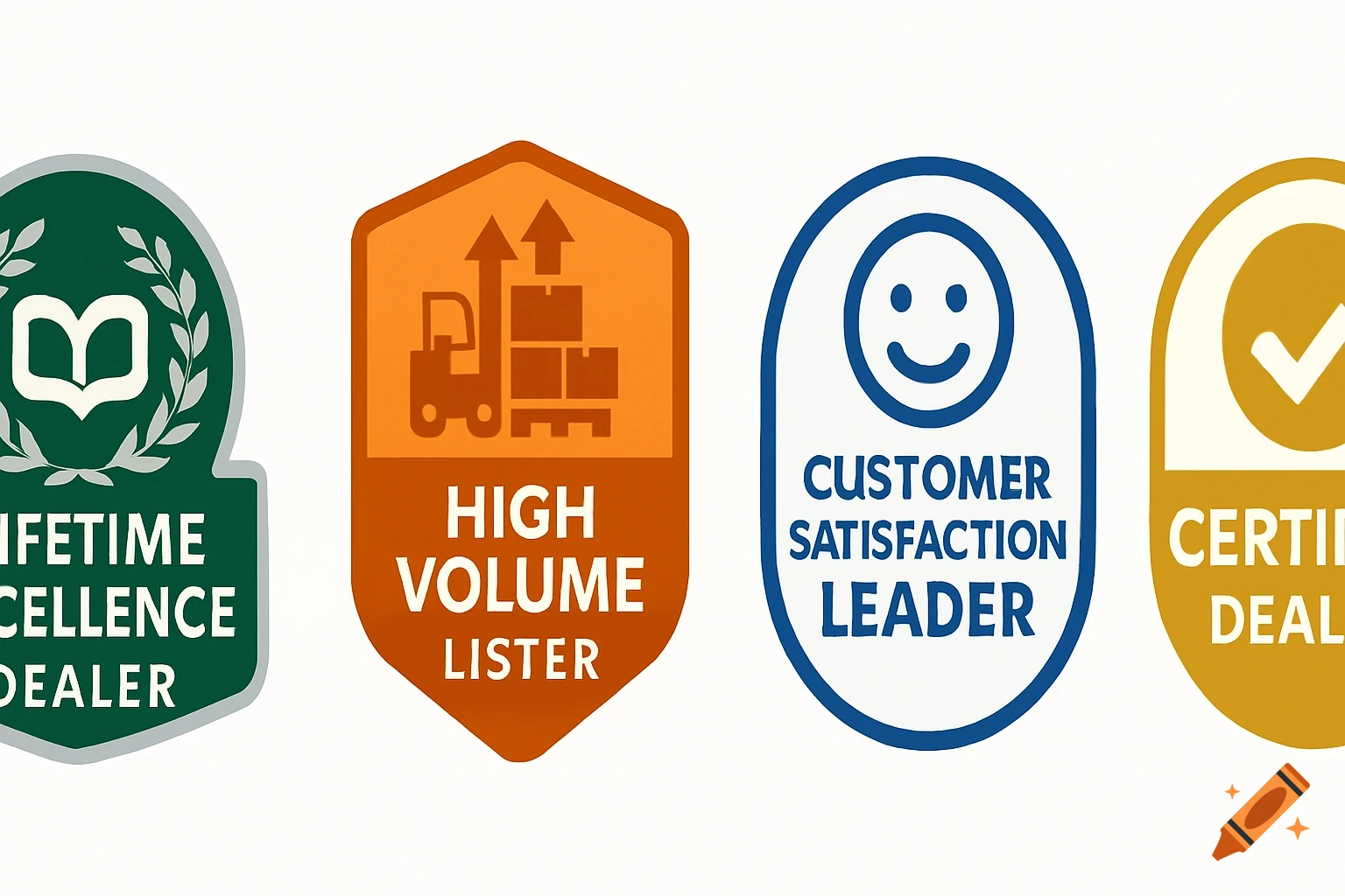 Four illustrated business badges with icons and text, including recognition for excellence, volume, customer satisfaction, and certification.