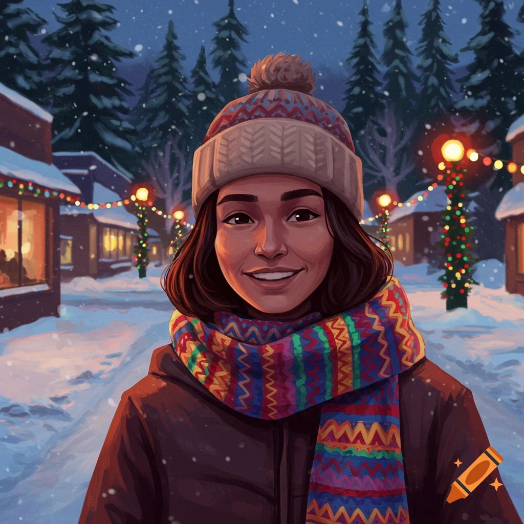 A young woman smiling in a snowy street with festive lights, wearing a winter hat and colorful scarf.