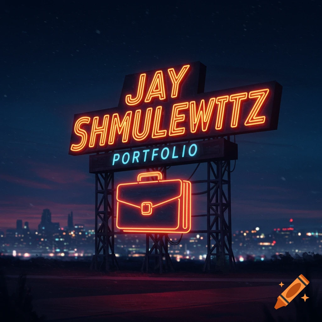Large neon sign with 'Jay Shmulewitz Portfolio' and briefcase over cityscape at night, digital art.