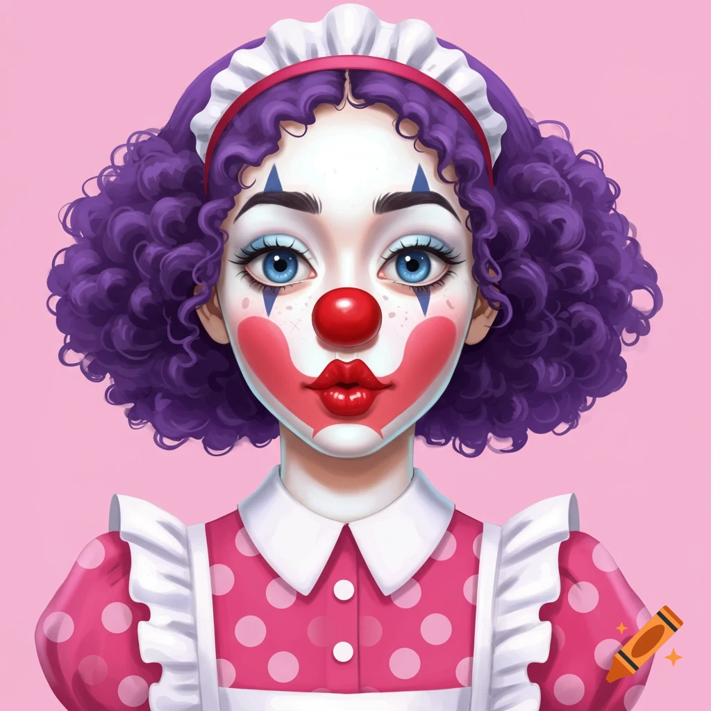 Stylized portrait of a woman with clown makeup, purple curly hair, and a pink polka dot maid dress.