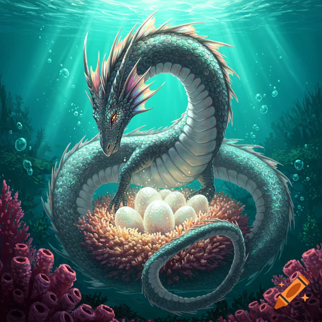 An underwater sea dragon curled protectively around a clutch of eggs on coral.