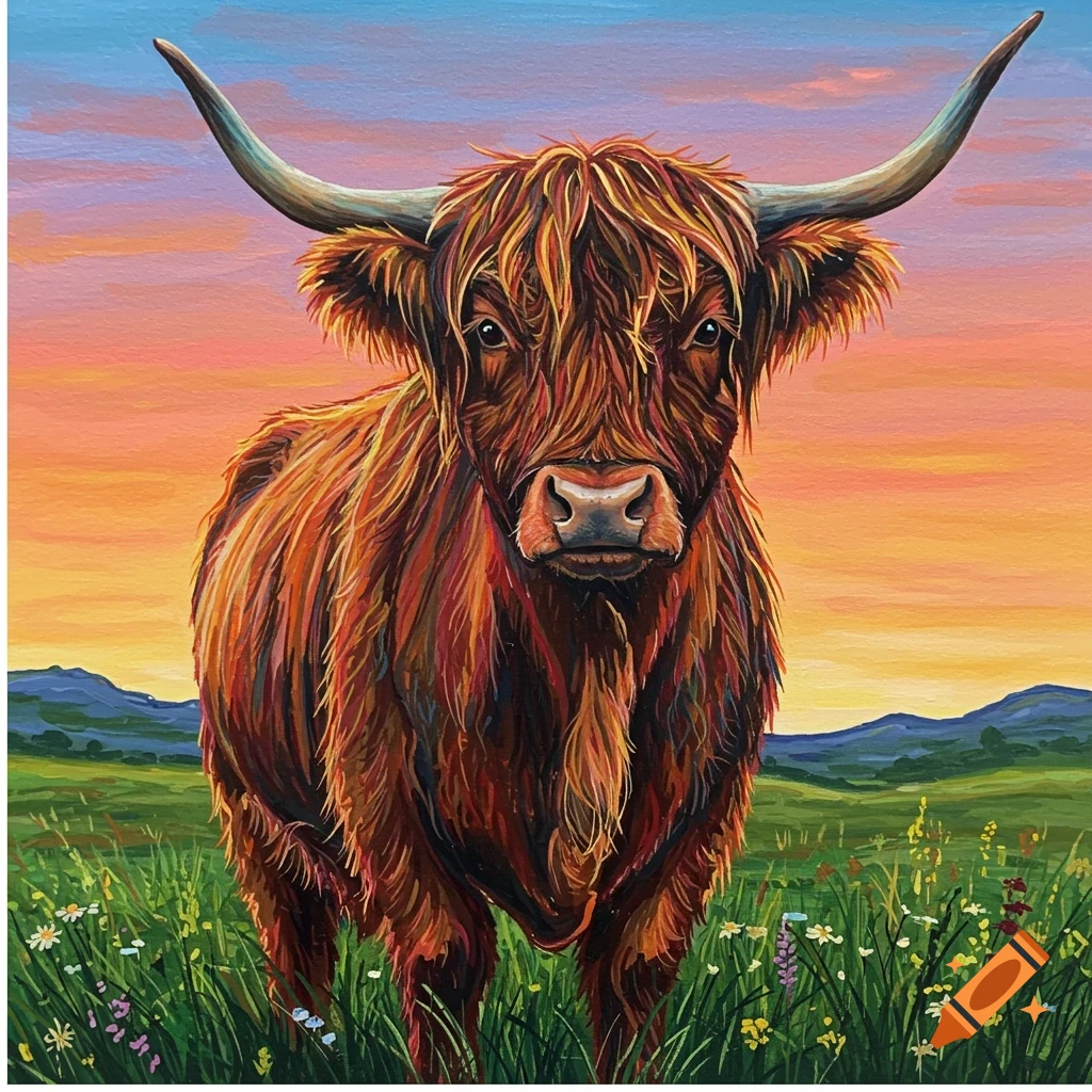 A colourful painting of a Highland cow standing in a field during sunset.