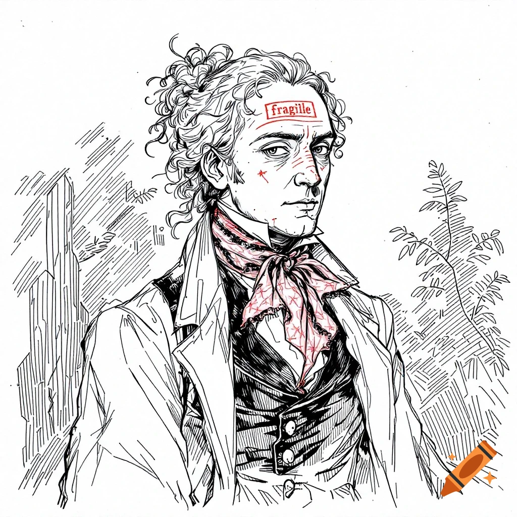 Line drawing portrait of a person in historical clothing with curly hair and a red 'fragile' stamp on their forehead.