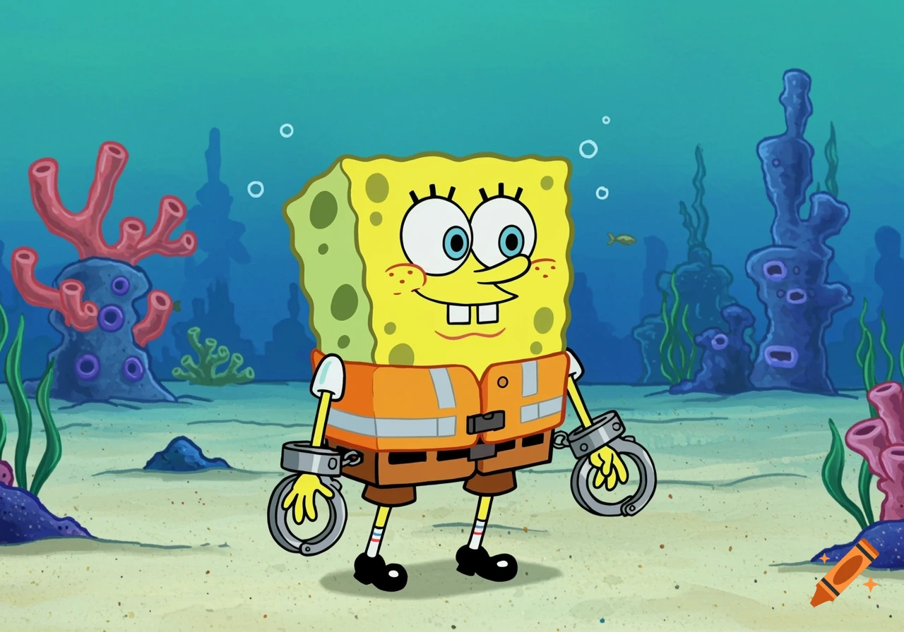 SpongeBob SquarePants wearing a life jacket and handcuffs underwater, cartoon style.
