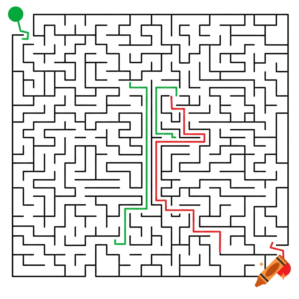A maze puzzle with green start, red end, and colored paths