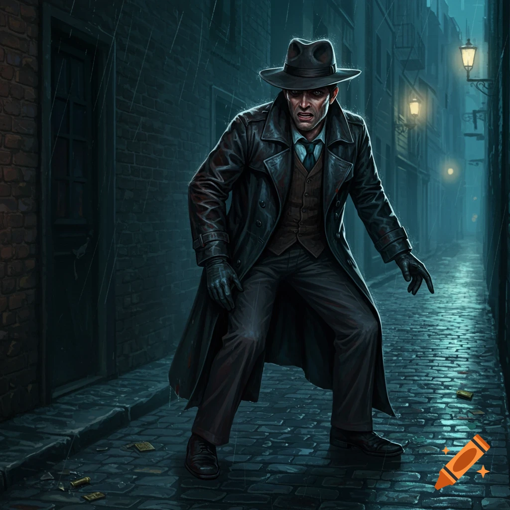 A detective in a coat and hat stands in a rainy, dark urban alley.
