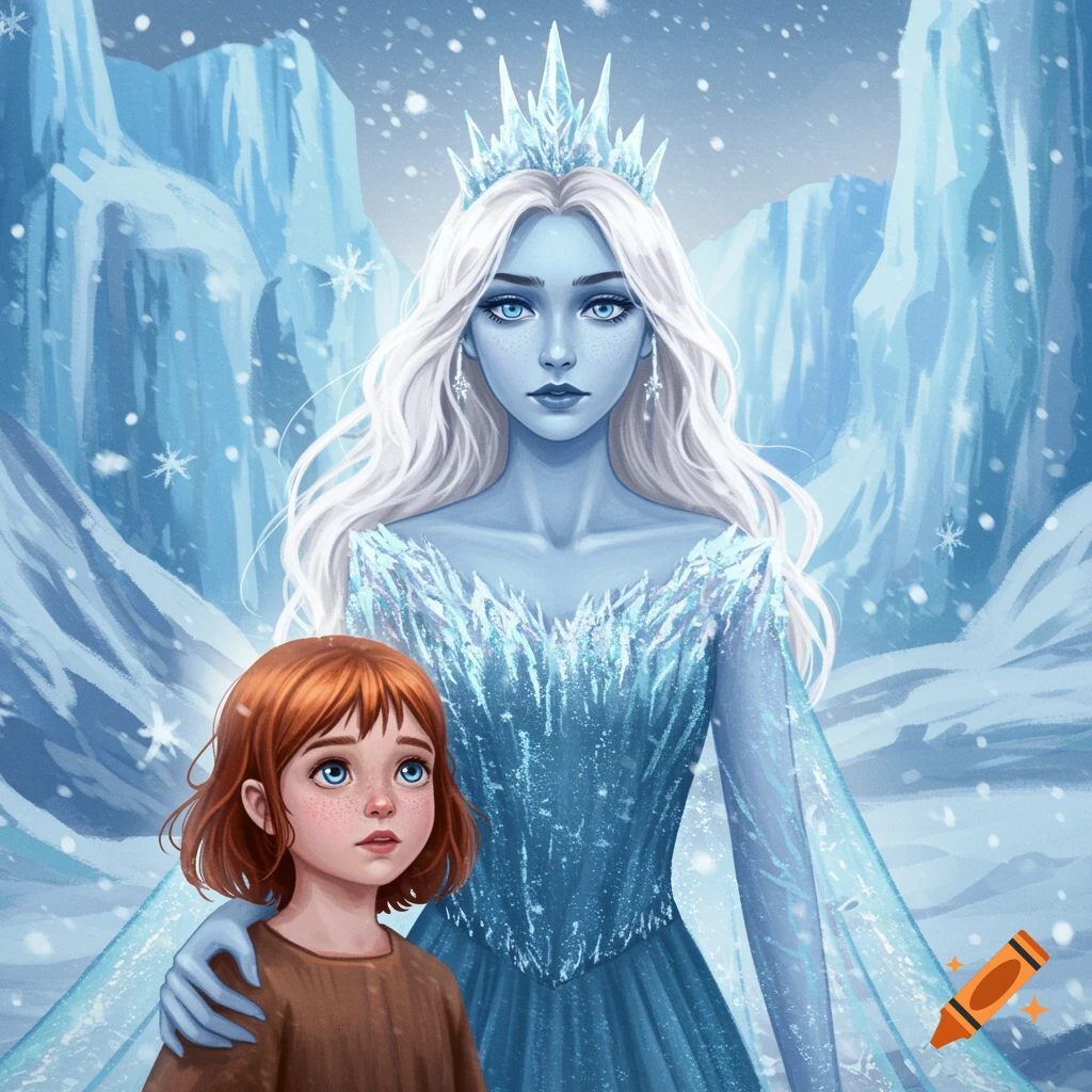 An ice queen and a young girl stand in a snowy fantasy landscape.