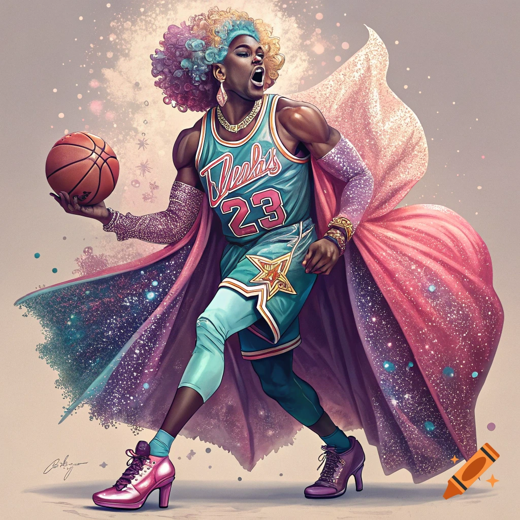 Stylized illustration of a drag queen basketball player with colorful hair, sparkly cape, jersey #23, and heels, holding a basketball.