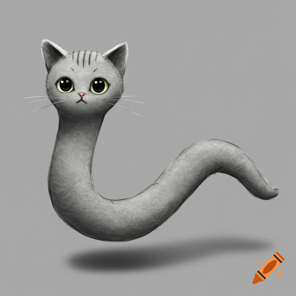 Cute gray creature with a cat head and long snake-like body floating