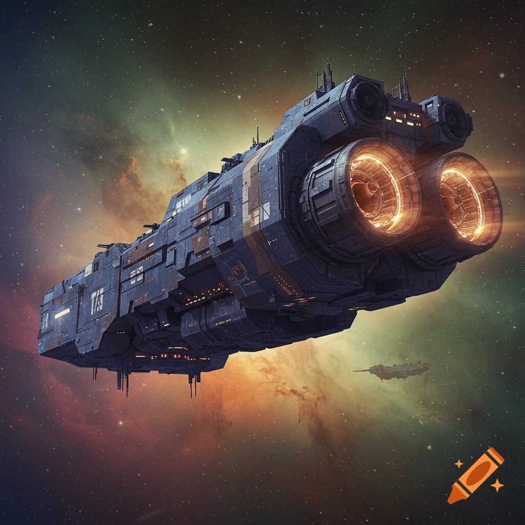 A large, industrial-looking spaceship with glowing engines flies through a colorful nebula, with a smaller ship in the background.