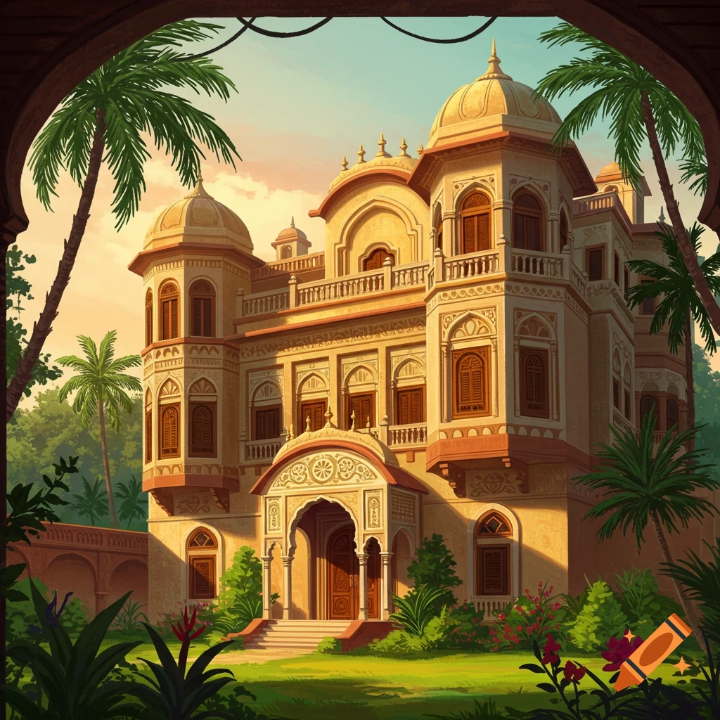 An ornate mansion in a lush garden setting, framed by an archway.