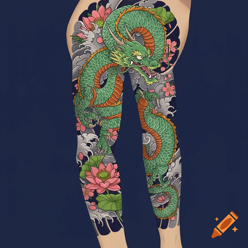 Japanese style tattoo with green dragon, pink flowers, and waves on legs.