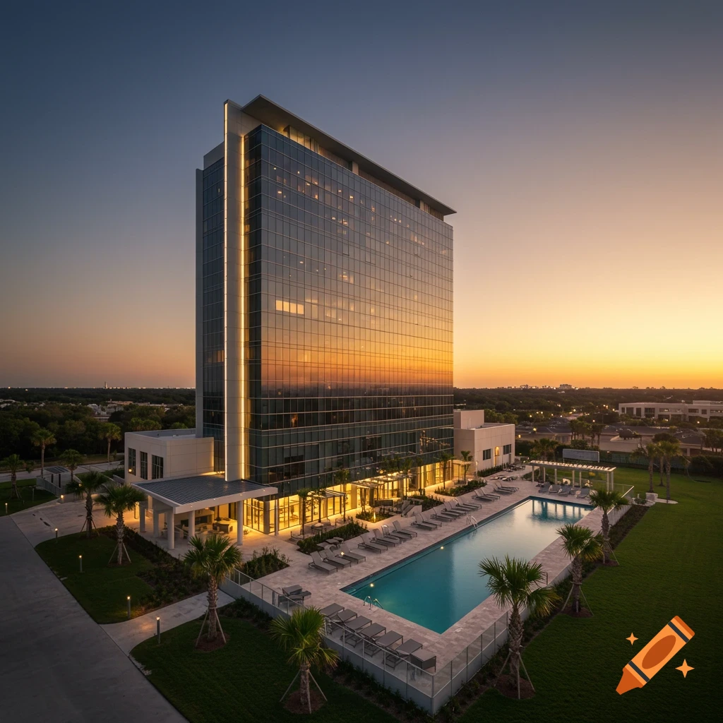 A modern glass innovation tower and a long swimming pool are viewed from above at sunset.