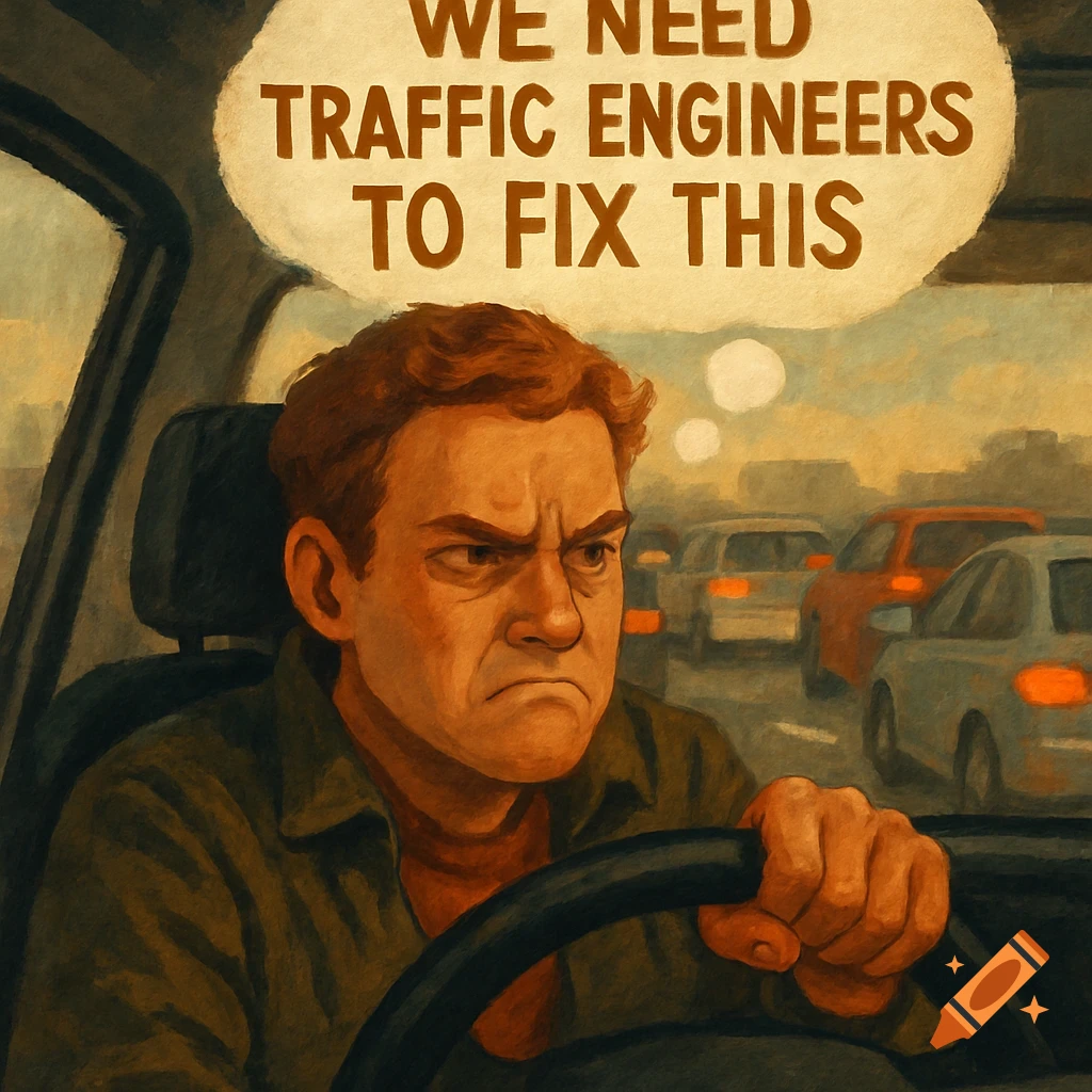 An angry man stuck in traffic with a thought bubble saying 'We need traffic engineers to fix this'.