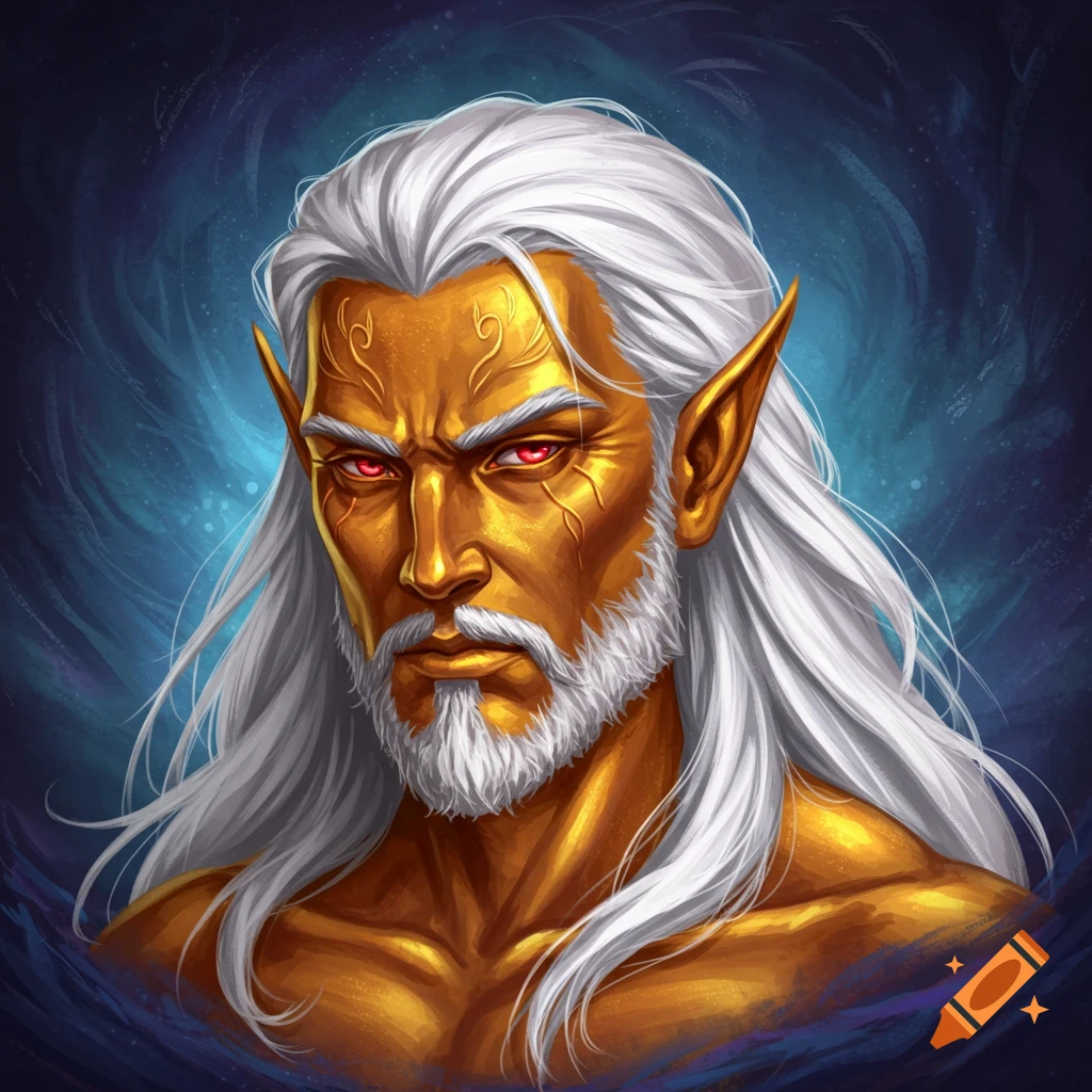Portrait of a golden-skinned man with red eyes, long white hair, and white beard.