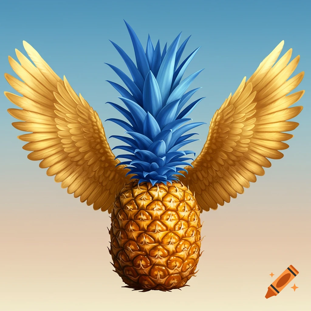 A pineapple with blue leaves and golden wings flying against a blue sky.