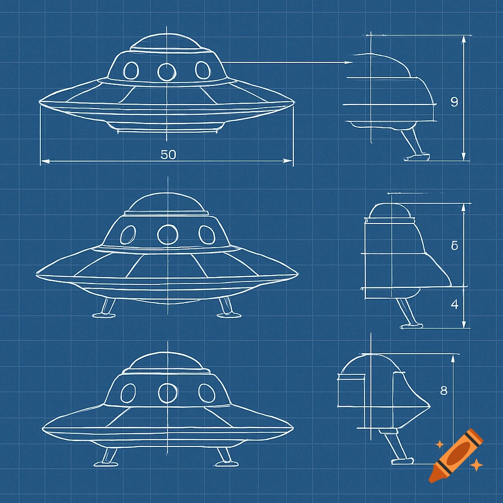 Blueprint sketches of a UFO with dimensions
