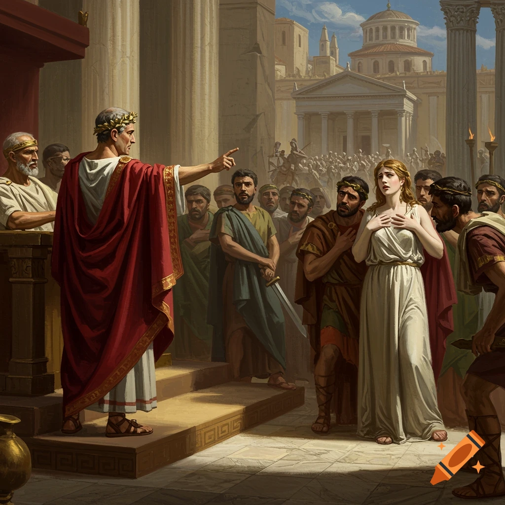 A painting of a dramatic scene in ancient Rome where a figure on a platform gestures towards a distressed woman and crowd.