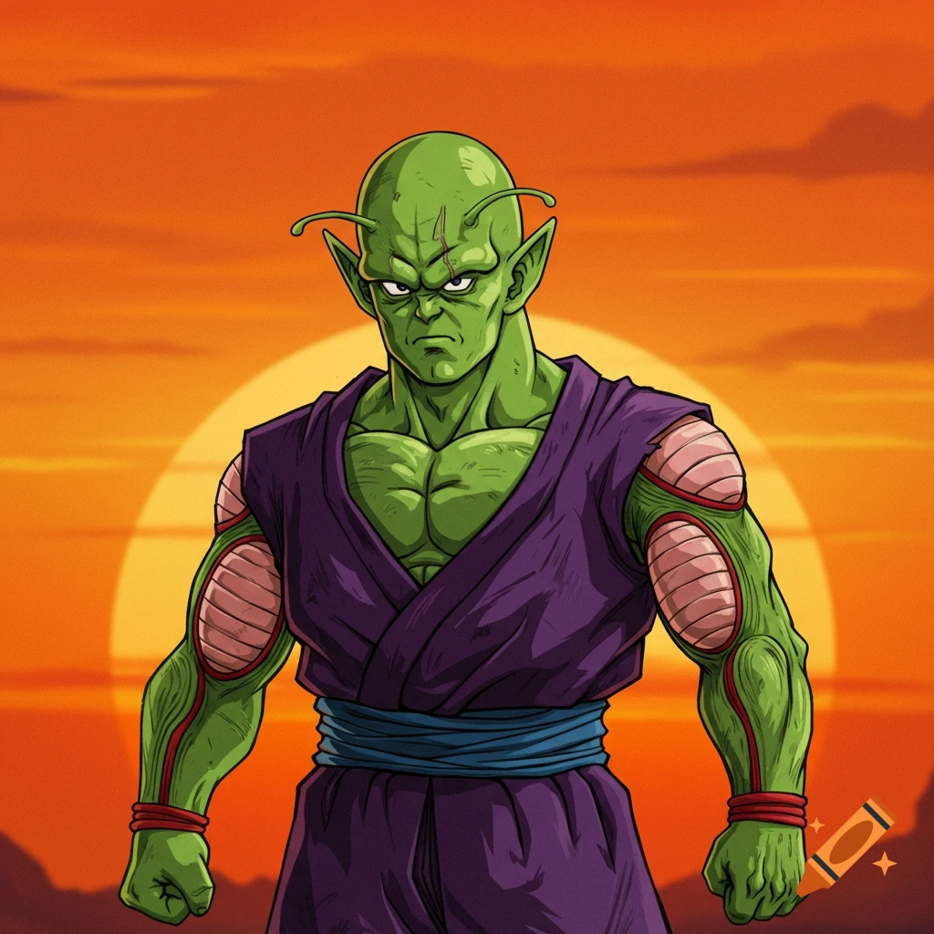 Piccolo from Dragon Ball Z standing in front of a sunset.