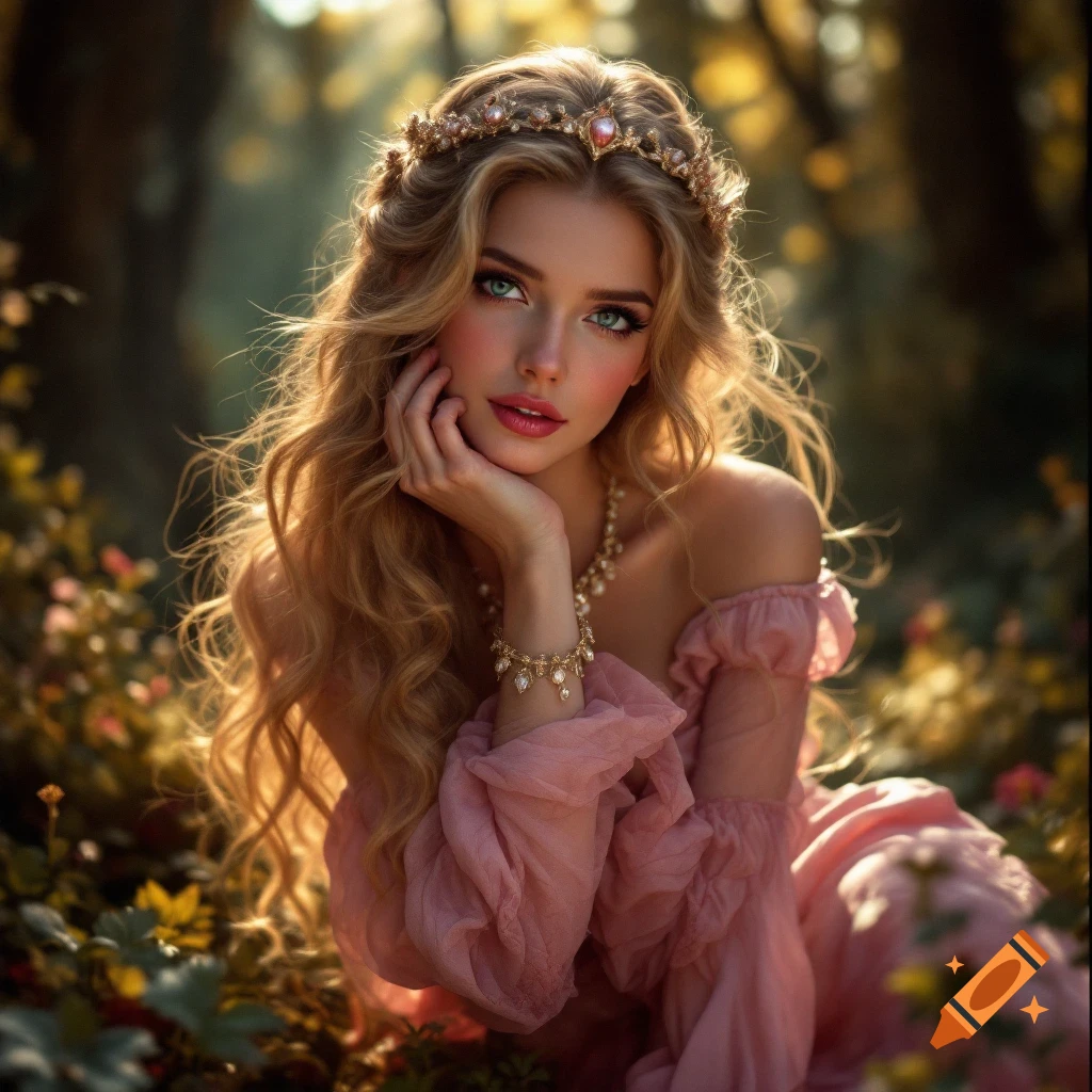 Photorealistic portrait of a beautiful woman wearing a crown and pink dress, sitting in a sunlit forest.