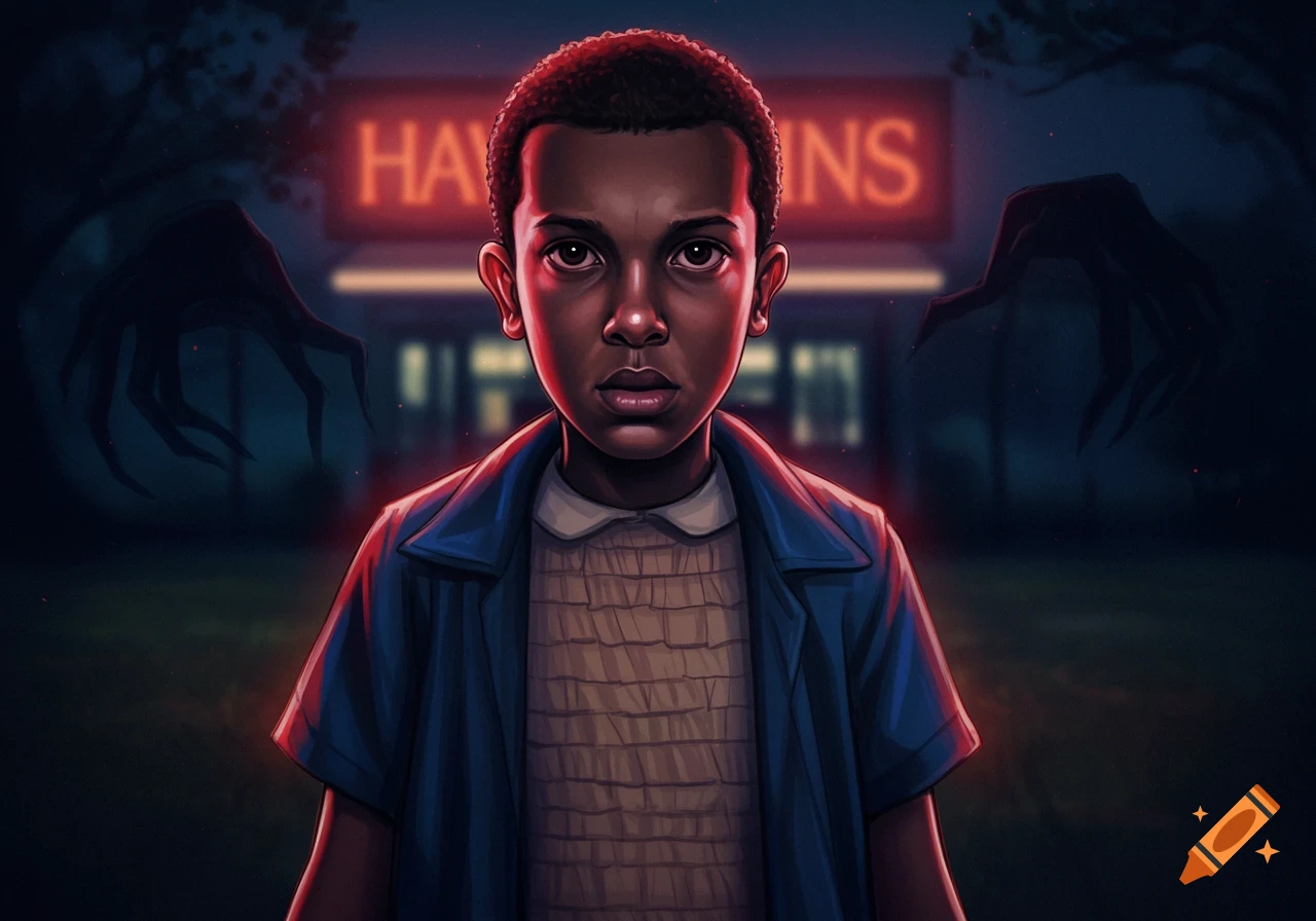 A boy resembling Eleven from Stranger Things stands on a dark street in Hawkins with shadowy figures behind him.