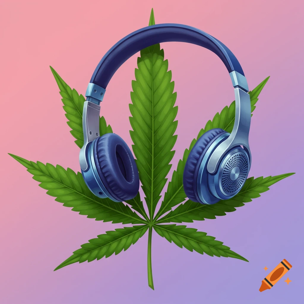 Blue headphones placed on a large green cannabis leaf against a pink and purple gradient background.