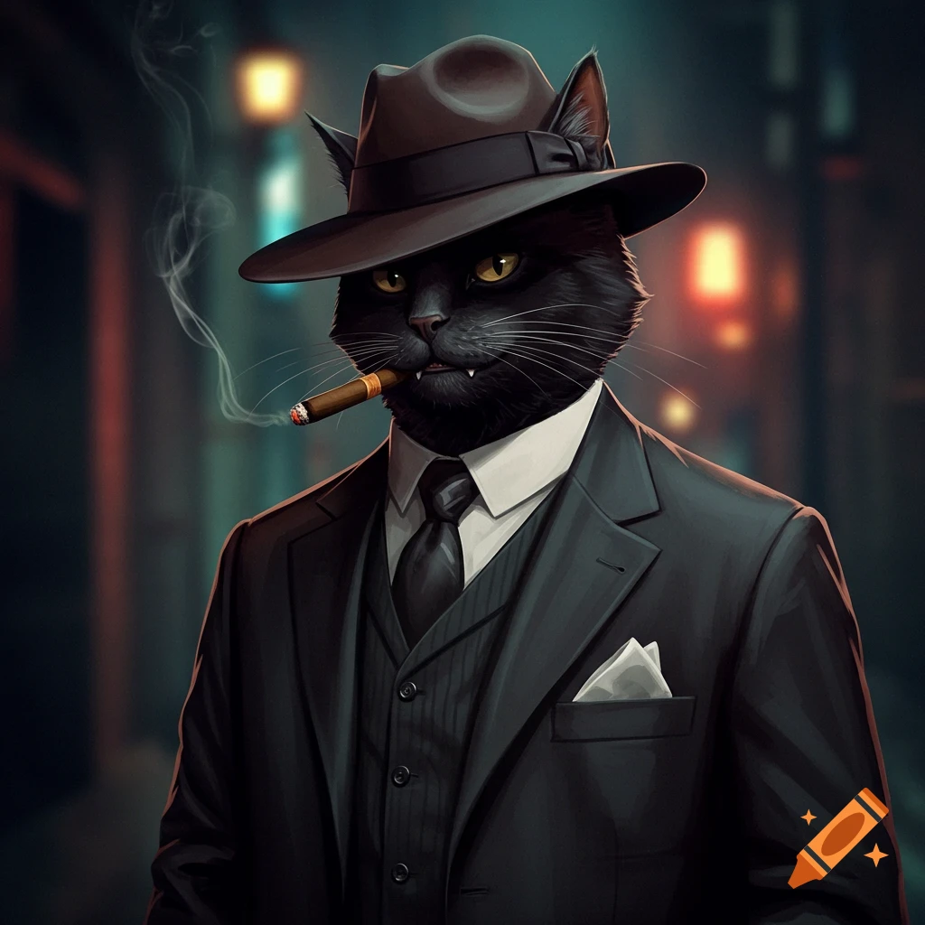 A black cat in a suit and fedora hat smoking a cigar in a noir setting.