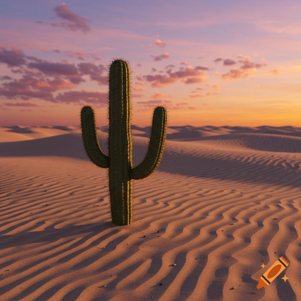 A cactus stands in a desert of wavy sand dunes under an orange and purple sunset sky.