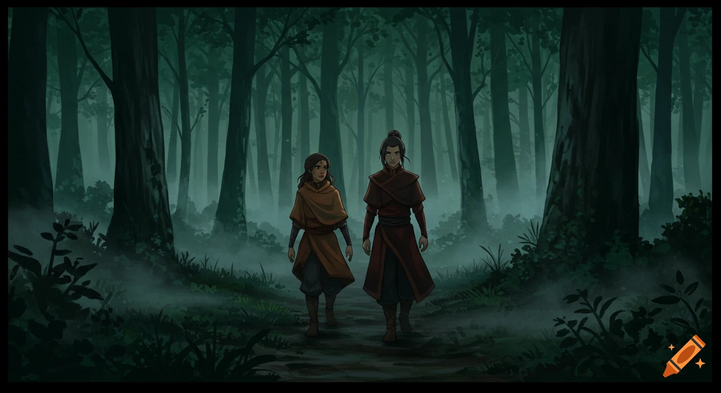 Two figures are walking on a path through a dark, misty forest.