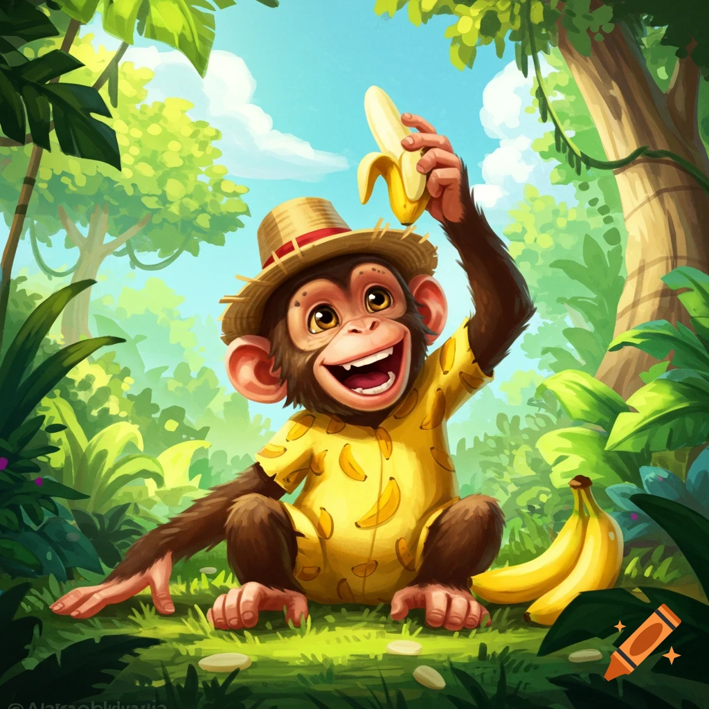 Cartoon monkey in a straw hat holding a banana in the jungle