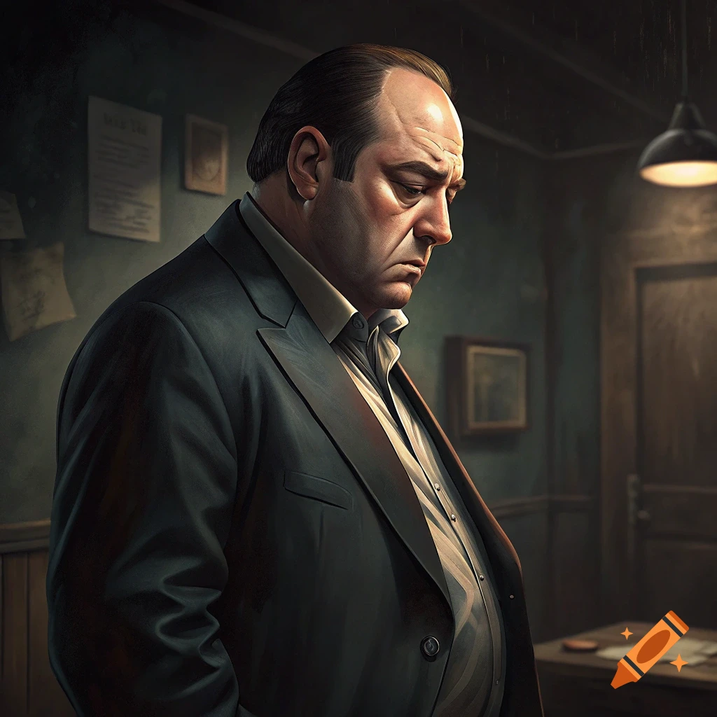 A man in a suit looks down in a dimly lit room.