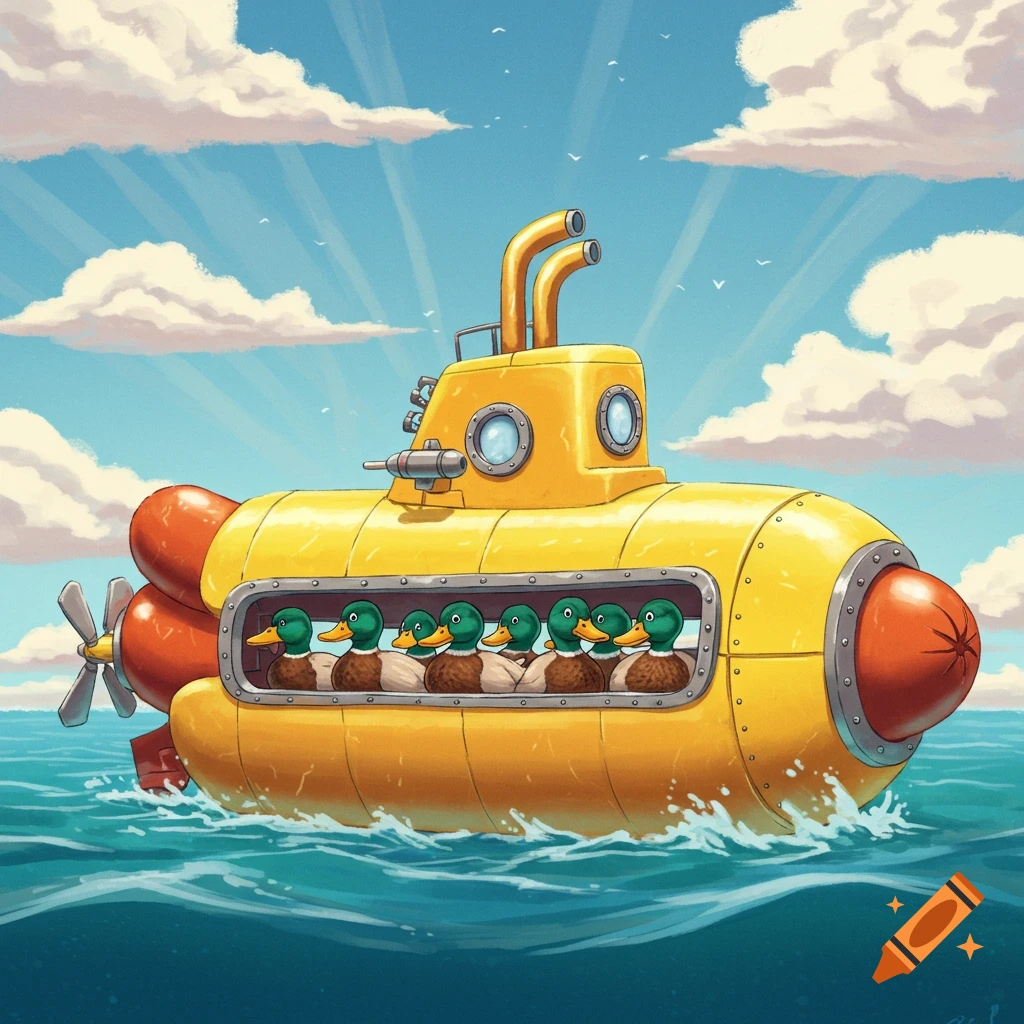 Illustration of ducks inside a yellow submarine on the ocean under a cloudy sky