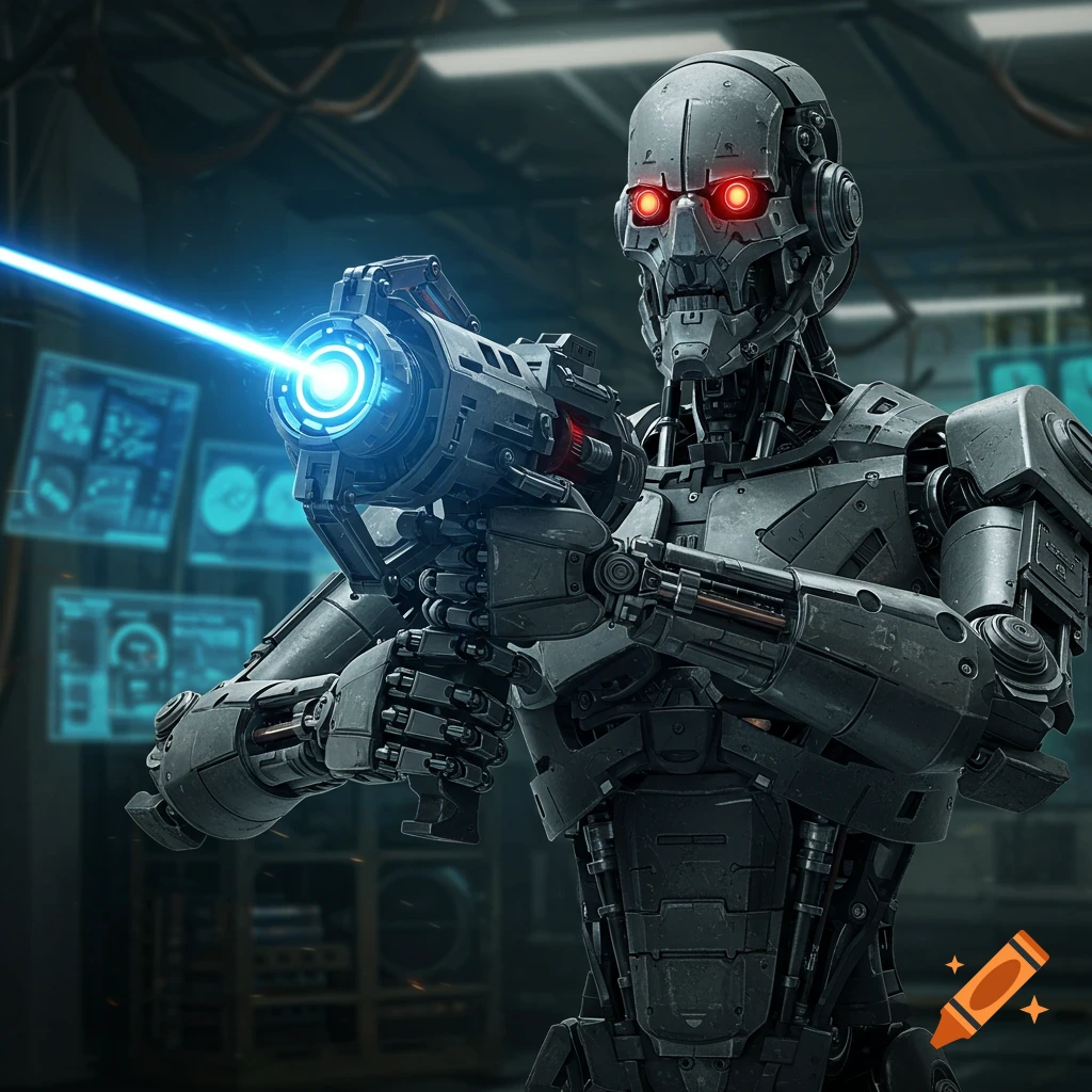 A dark metallic robot with glowing red eyes holds a laser gun in a futuristic workshop.