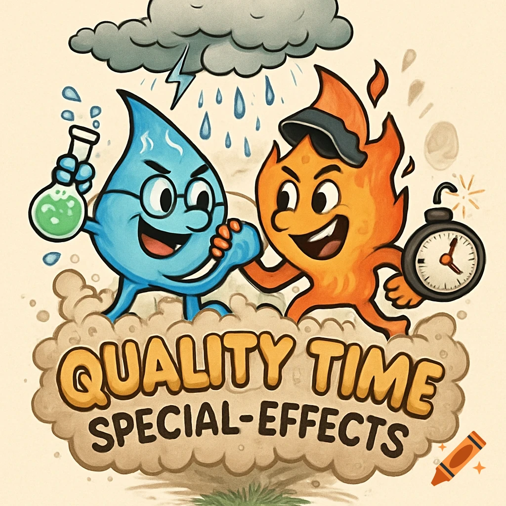 Cartoon water drop holding a beaker wrestles cartoon fire with a clock, rain, lightning, and text 'Quality Time Special-Effects'.