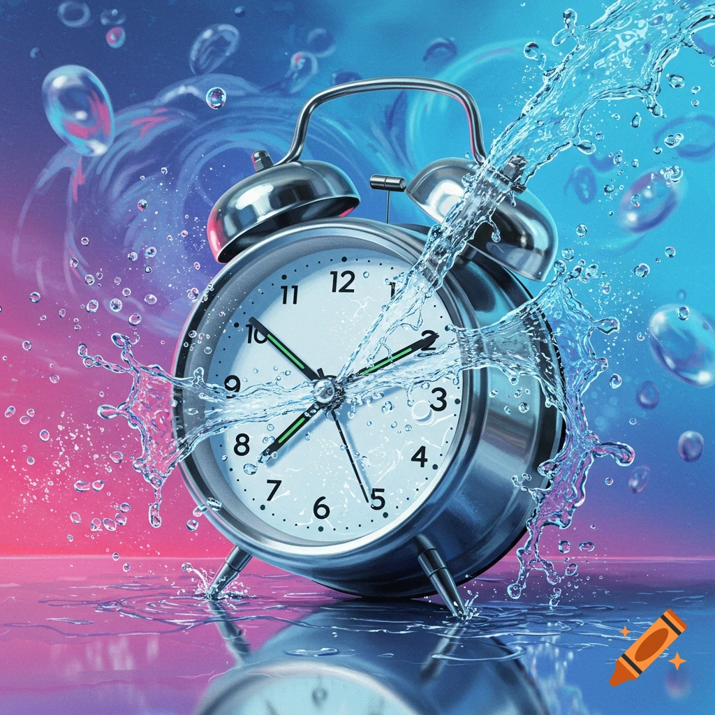 An alarm clock with water spraying over it