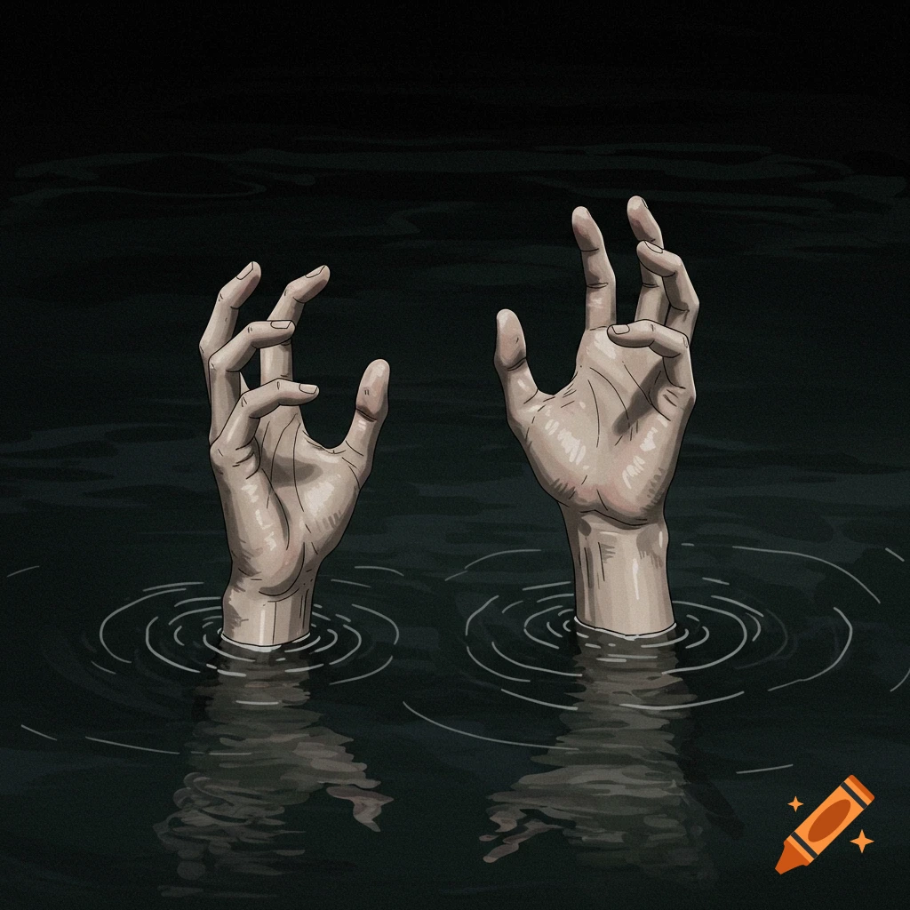 Illustration of two hands reaching out of dark water